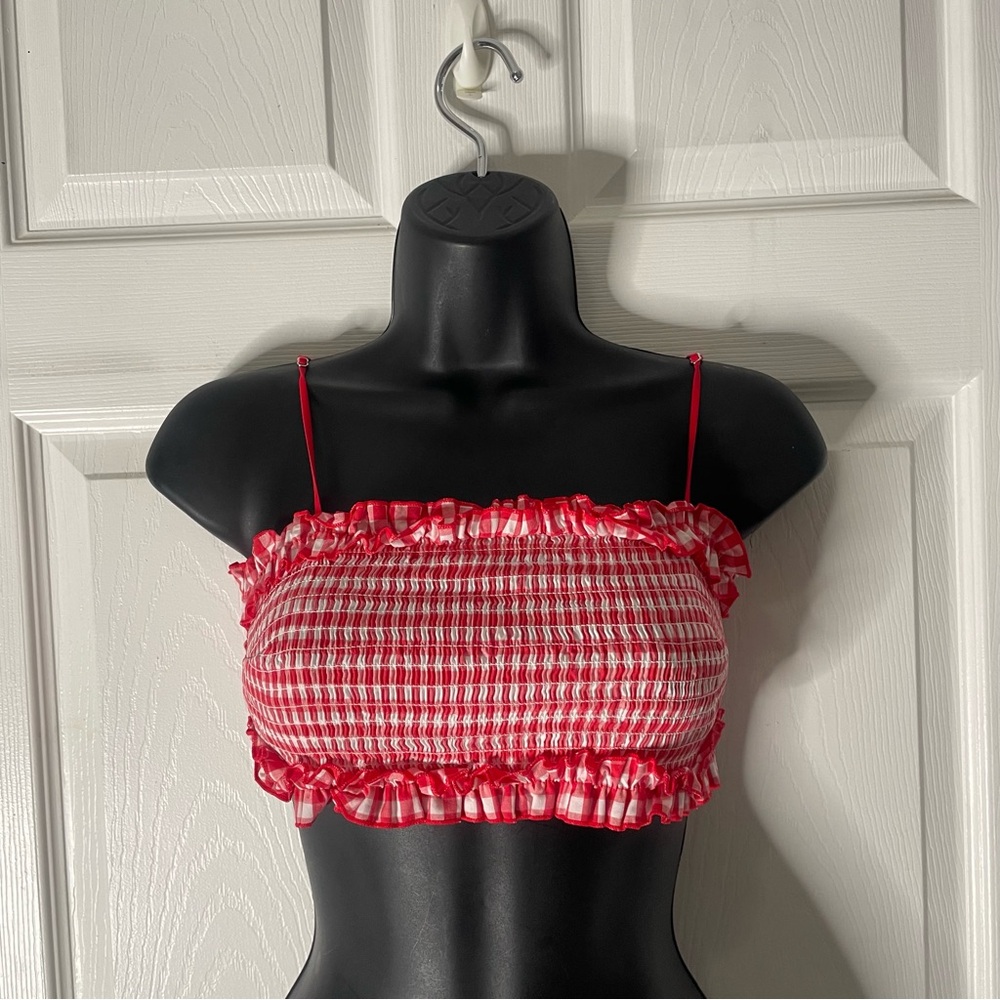 Red Smocked Ruffle Spaghetti Strap Tube Top - Brand